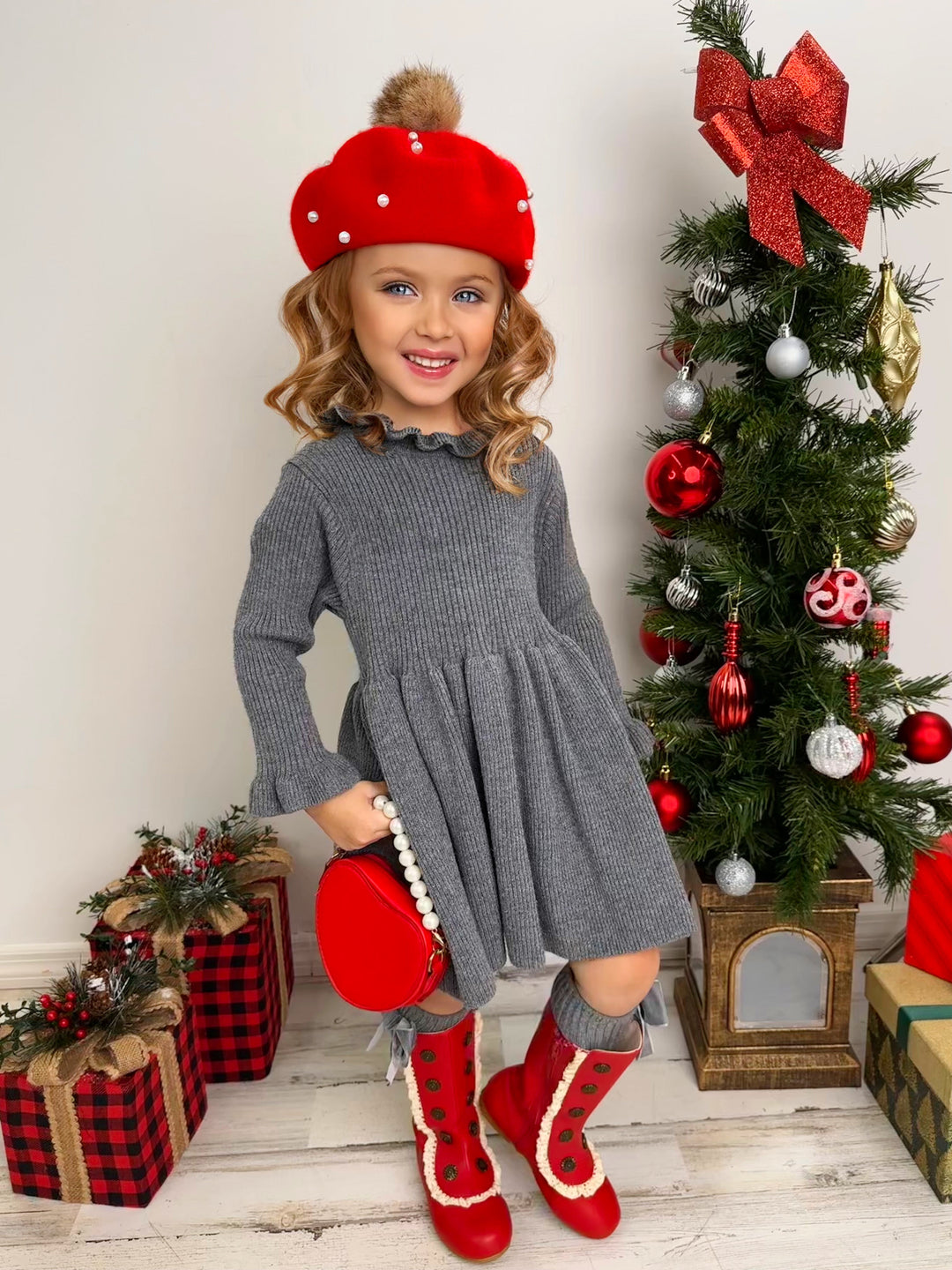 Cozy Holiday Grey Ruffle Knit Sweater Dress – Mia Belle Girls