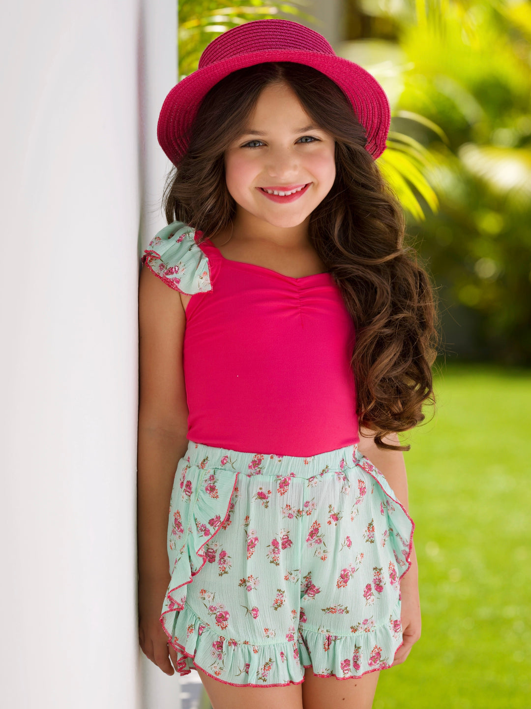 Fuchsia Floral Ruffle Top and Mint Blossom Shorts Set
