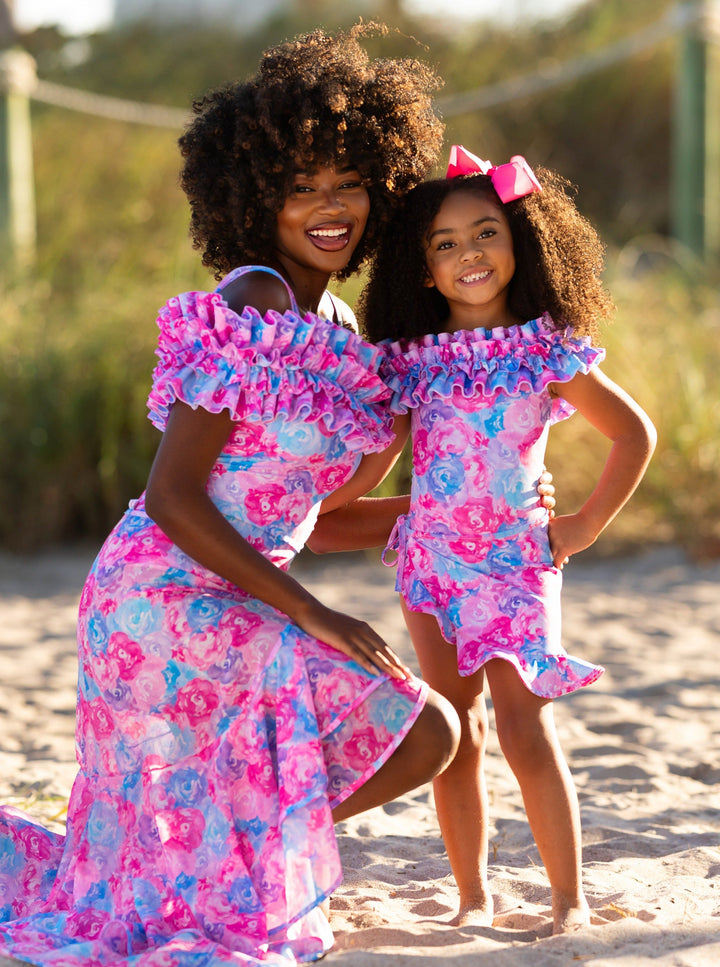 Mommy And Me Ruffle Shoulder One Piece Swimsuit | Mia Belle Girls