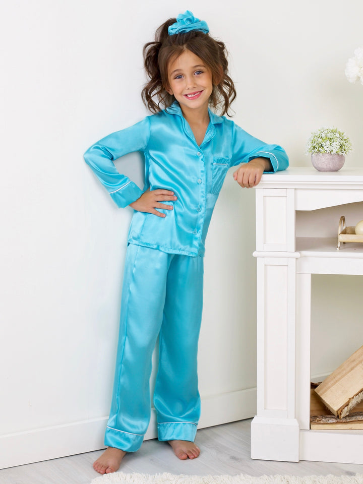 Girls Turquoise Silk Pant Pajama Set
