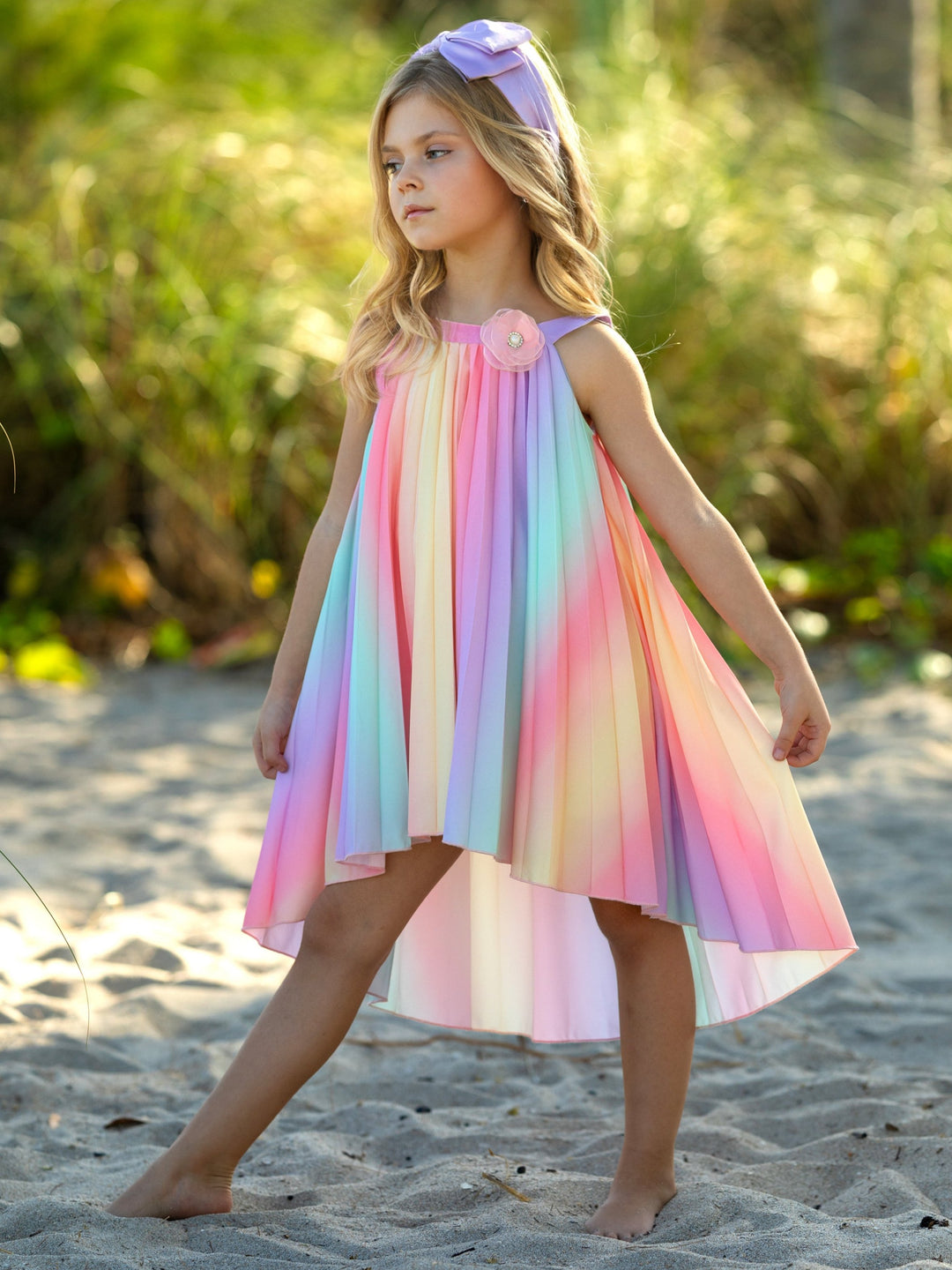 Rainbow Pleated Hi-Lo Swing Dress