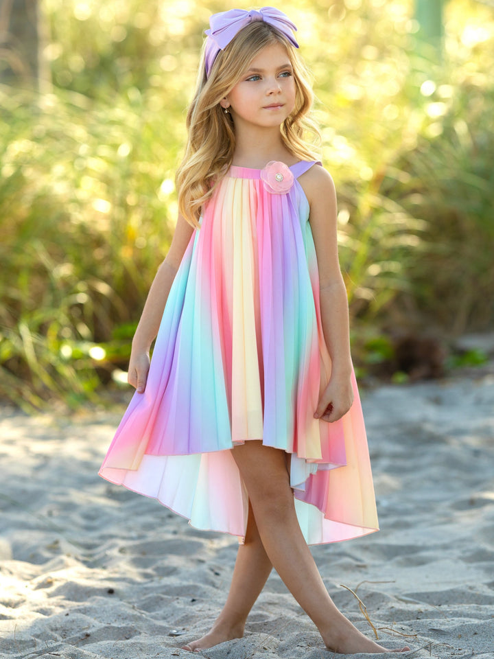 Rainbow Pleated Hi-Lo Swing Dress