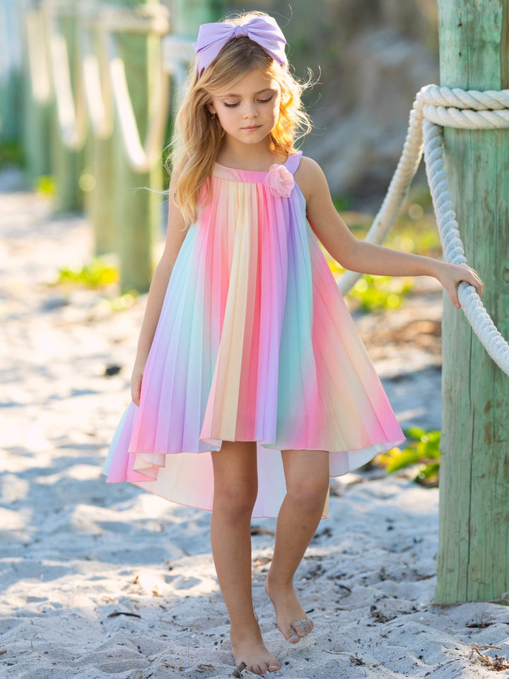 Rainbow Pleated Hi-Lo Swing Dress