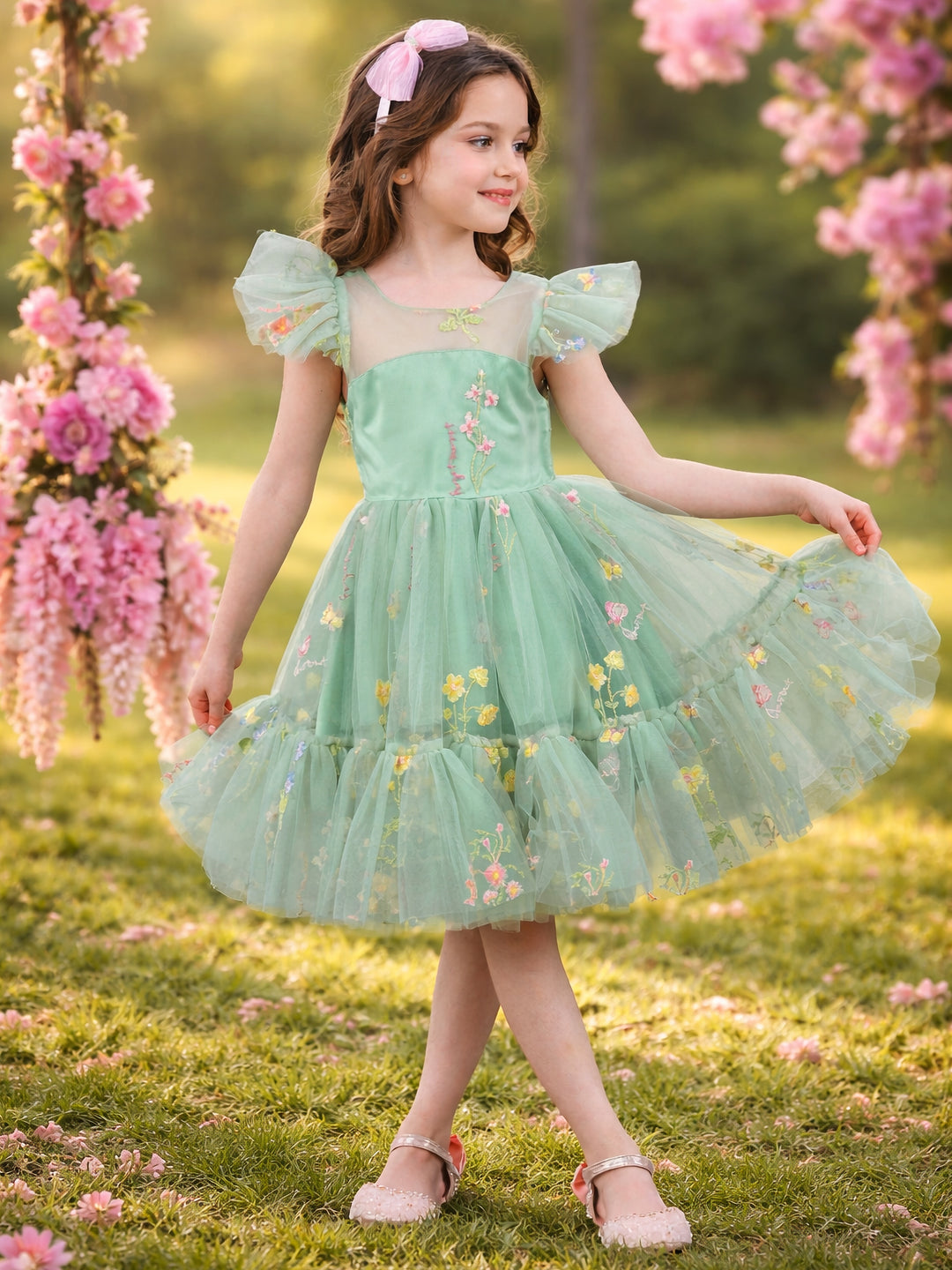 Sage green party dress for girls with floral embroidery and flutter sleeves