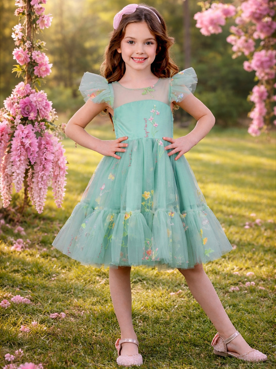 Spring garden party dress for girls in sage green tulle