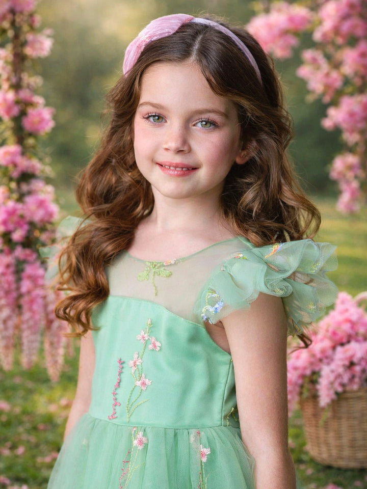 Floral embroidered tulle detail on girls sage green Easter dress