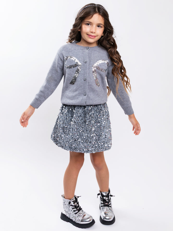 Girls Silver Sequin Bow Cardigan and Silver Skirt Set