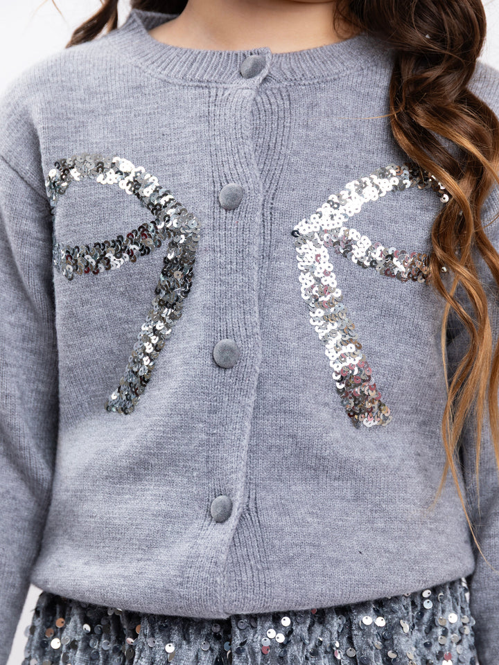 Girls Silver Sequin Bow Cardigan and Silver Skirt Set