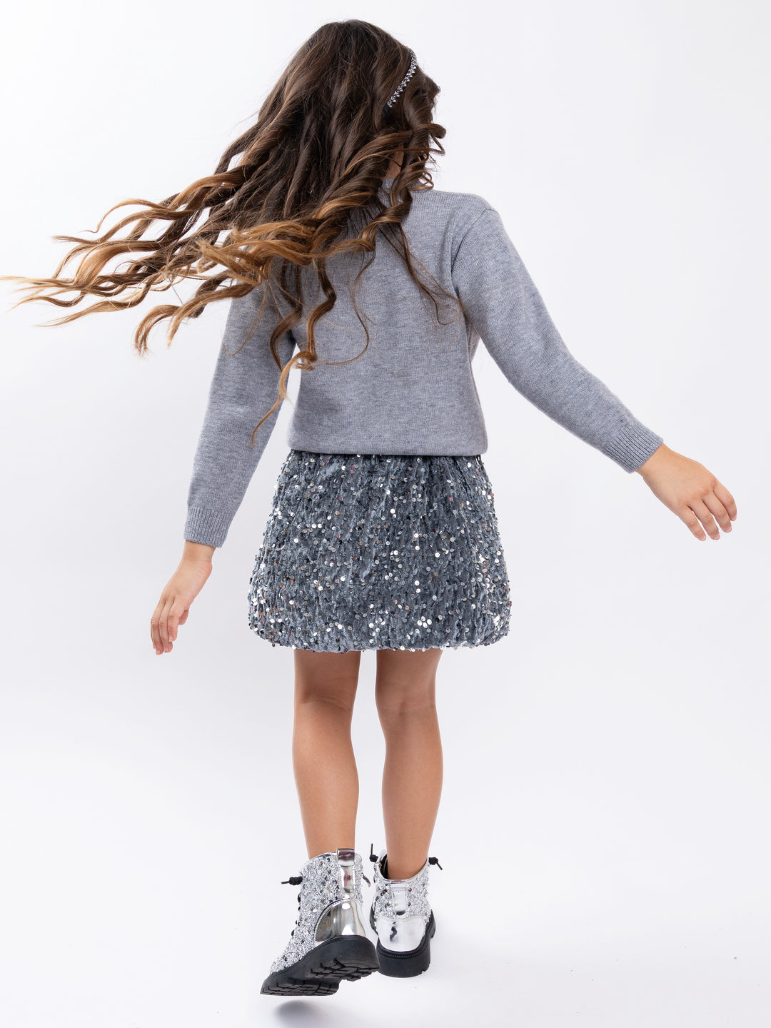 Girls Silver Sequin Bow Cardigan and Silver Skirt Set