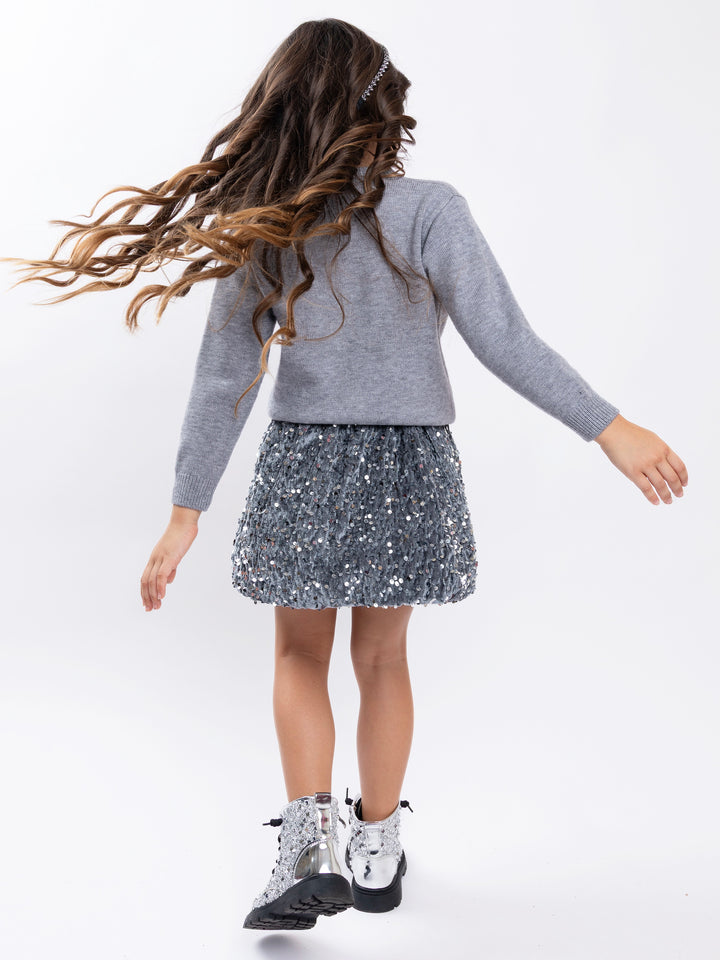 Girls Silver Sequin Bow Cardigan and Silver Skirt Set