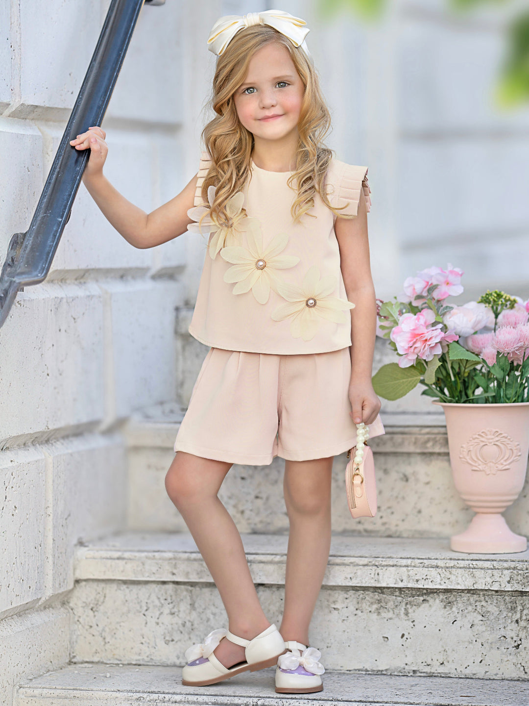 Elegant Cream Daisy Top and Short Set