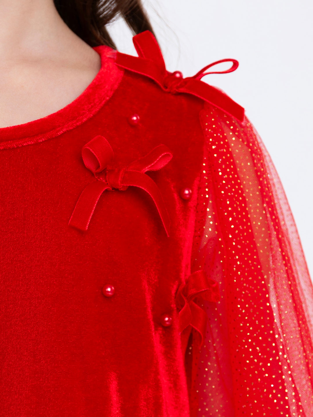 Ruby Bow Velour & Glitter Tulle Dress