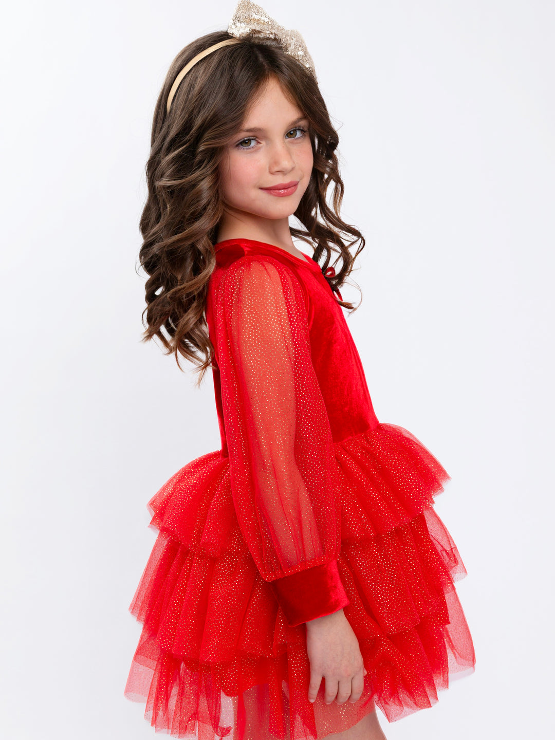 Ruby Bow Velour & Glitter Tulle Dress