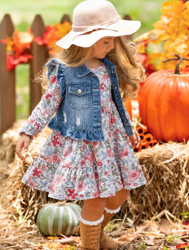 Always In Bloom Denim Vest and Floral Dress Set
