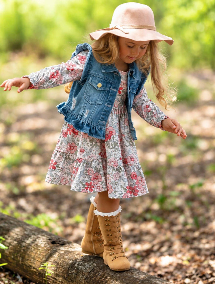 Always In Bloom Denim Vest and Floral Dress Set