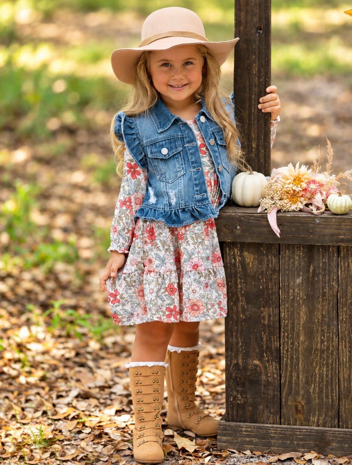 Always In Bloom Denim Vest and Floral Dress Set