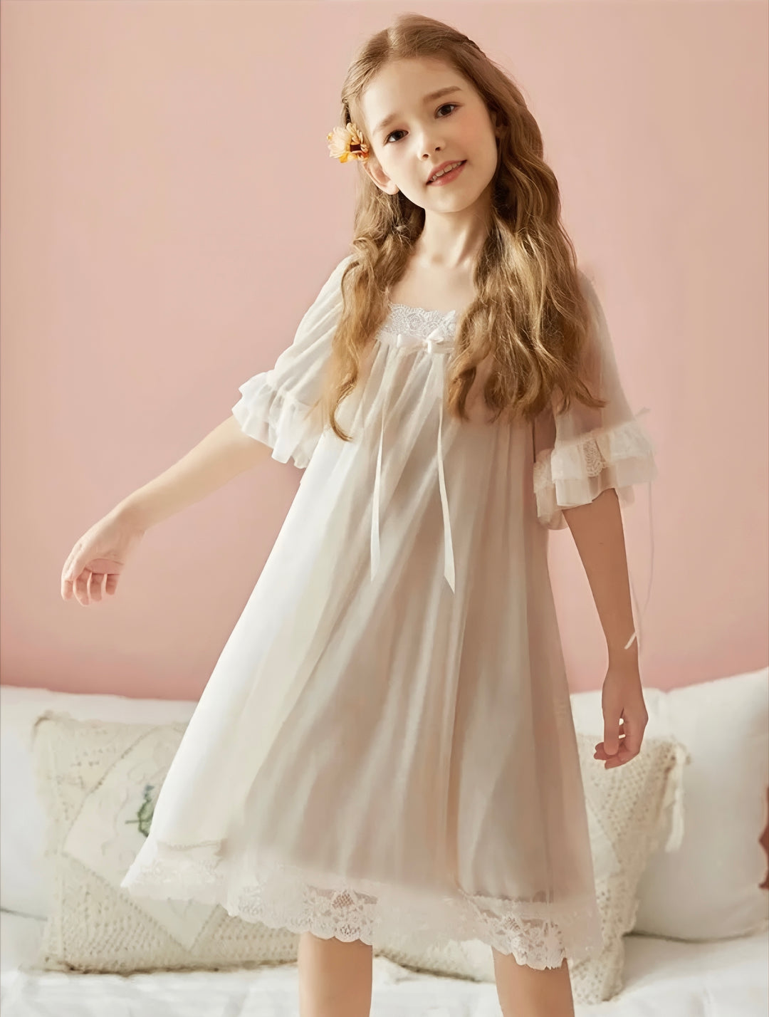 Bedtime Bliss Beige Knee-Length Lace Nightgown Mia Belle Girls