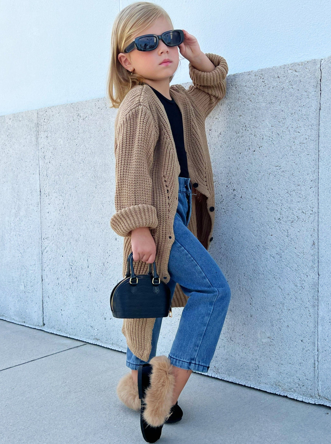 Mia Belle Girls Oversized Knit Beige Cardigan 