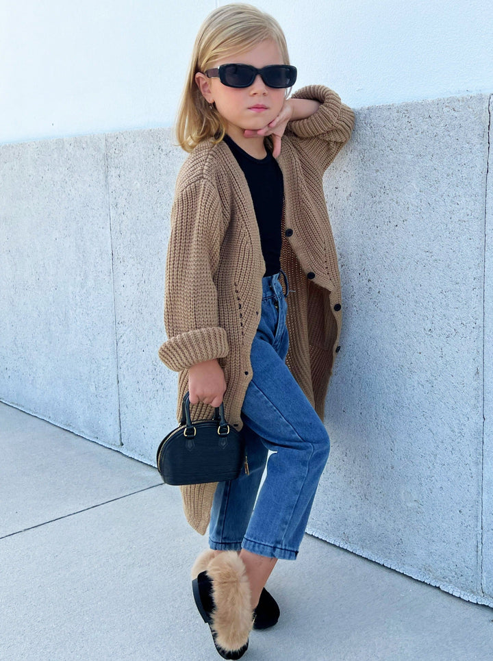 Mia Belle Girls Oversized Knit Beige Cardigan 