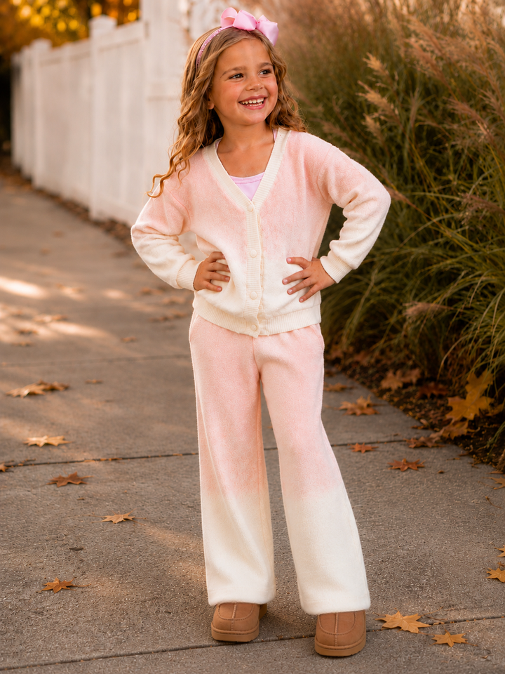 Girls soft pink fuzzy lounge set with button-front cardigan.