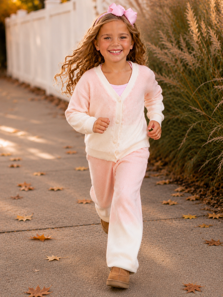 Girls pink plush matching lounge outfit for winter.