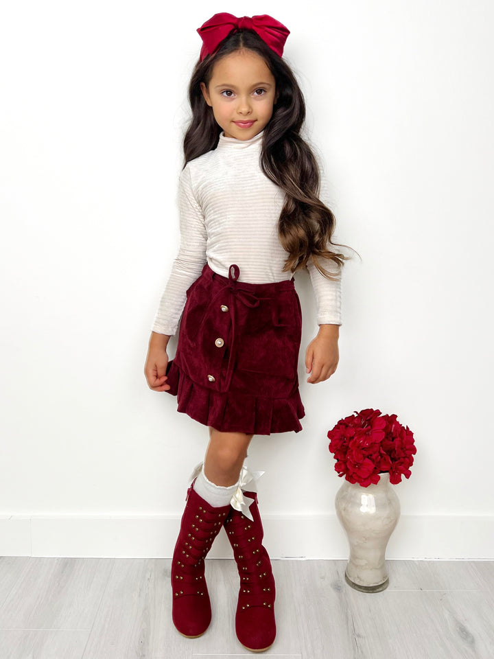 White Ribbed Turtleneck Top and Button Front Skirt Set Mia Belle Girls