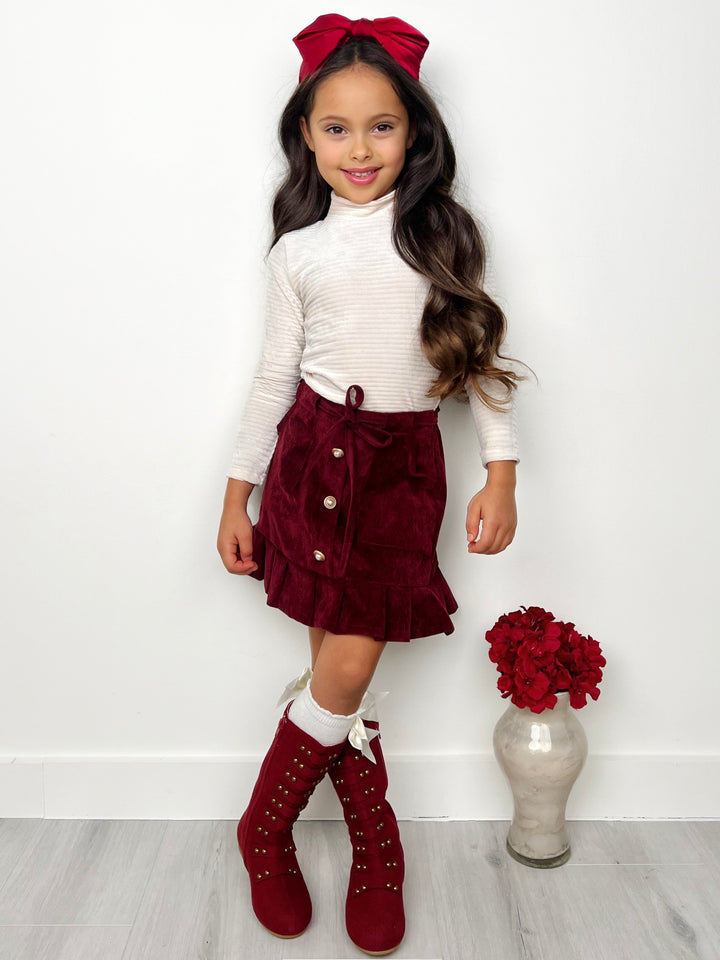 White Ribbed Turtleneck Top and Button Front Skirt Set Mia Belle Girls