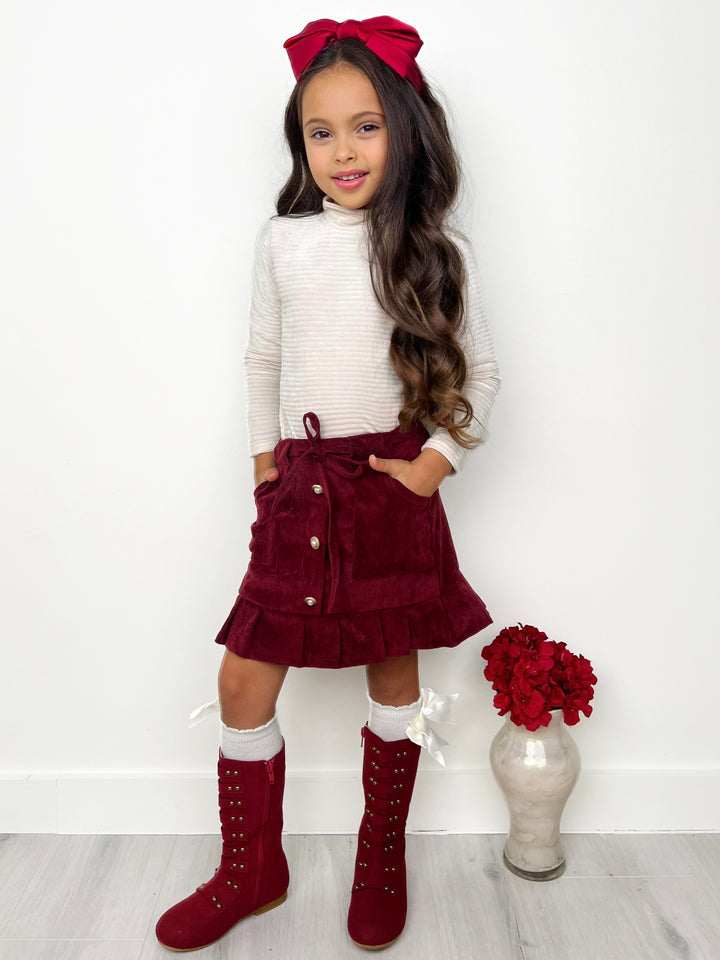 White Ribbed Turtleneck Top and Button Front Skirt Set Mia Belle Girls