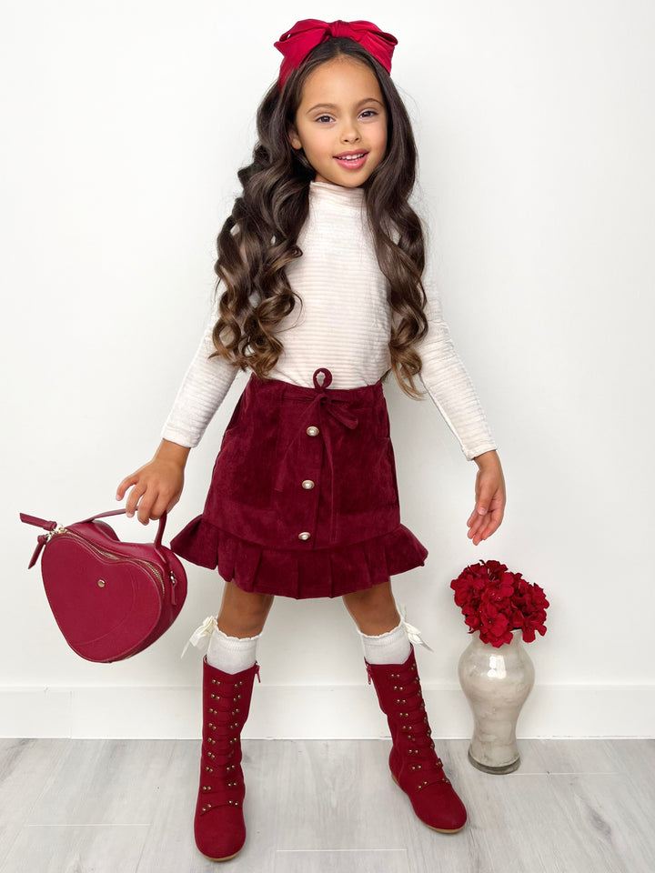 White Ribbed Turtleneck Top and Button Front Skirt Set Mia Belle Girls