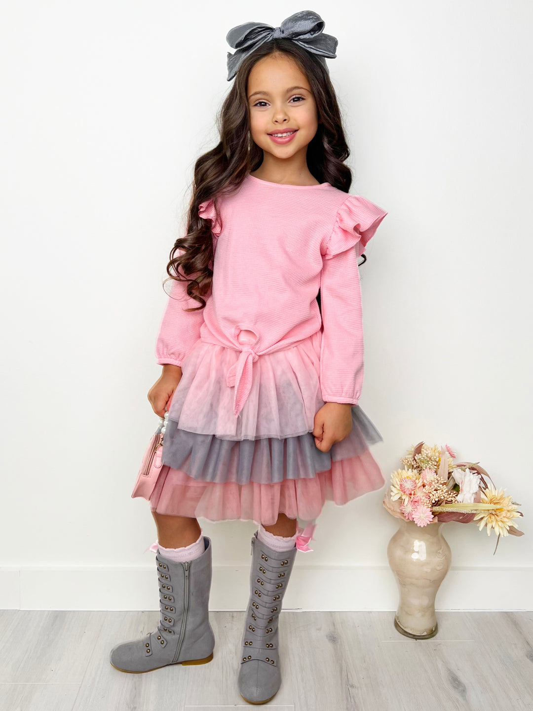 Pink Ruffle Top and Layered Tutu Skirt Set Mia Belle Girls