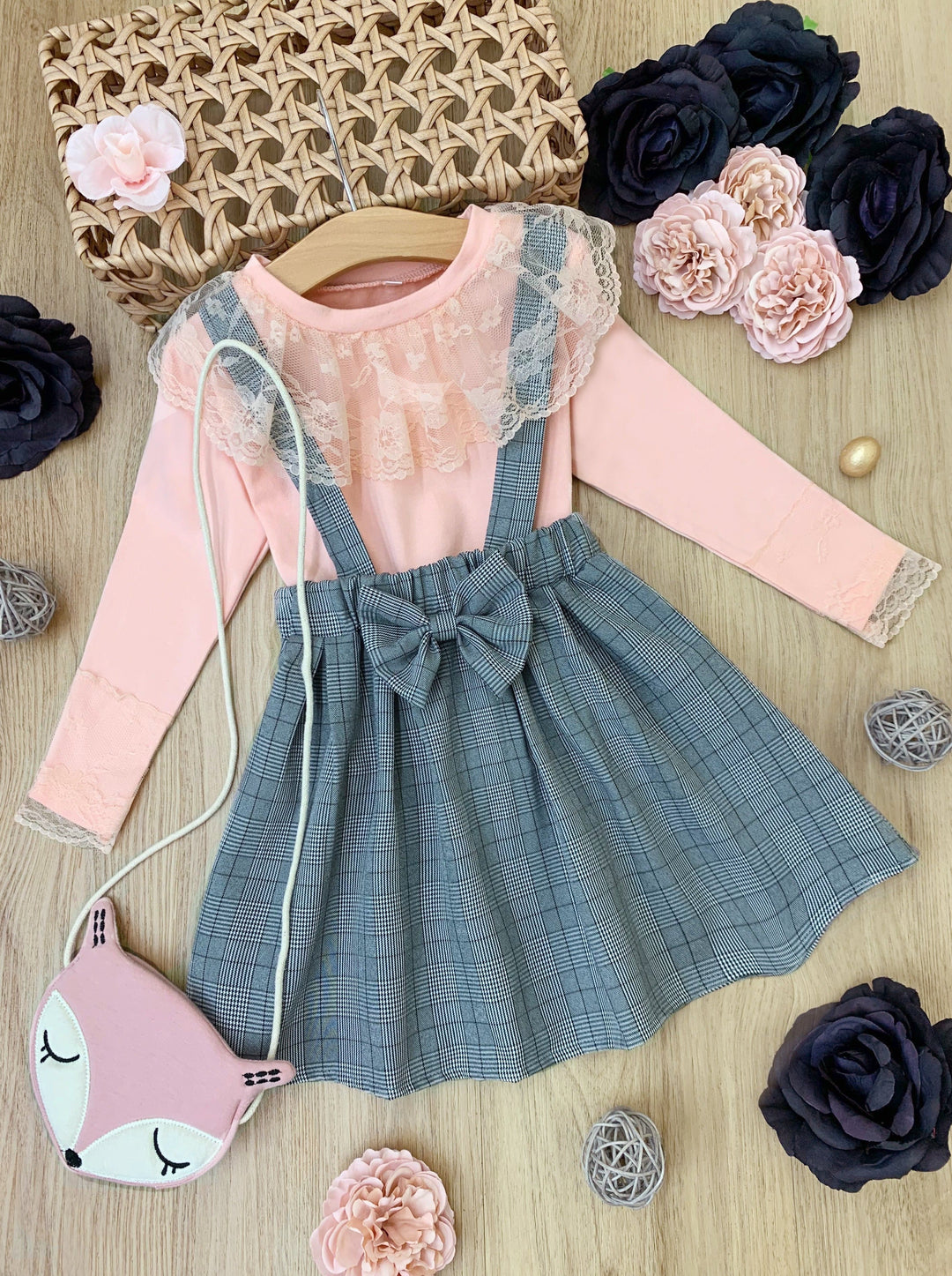 Little girls preppy chic long-sleeved top with a delicate lace bib, cuffs, a plaid overall skirt, and crossbody fox purse - Mia Belle Girls