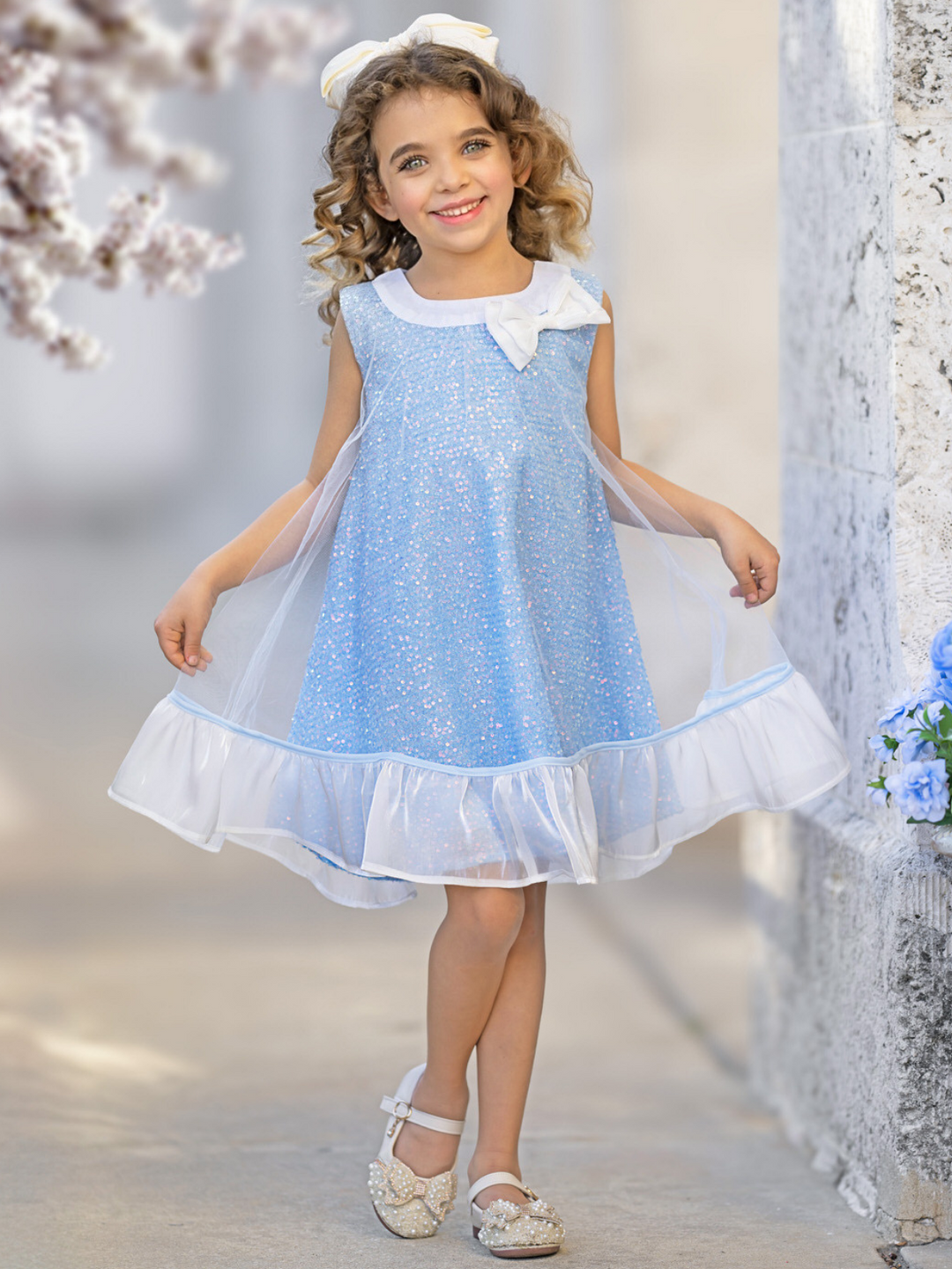 Sparkly Blue Bow Sequin Ruffle Dress