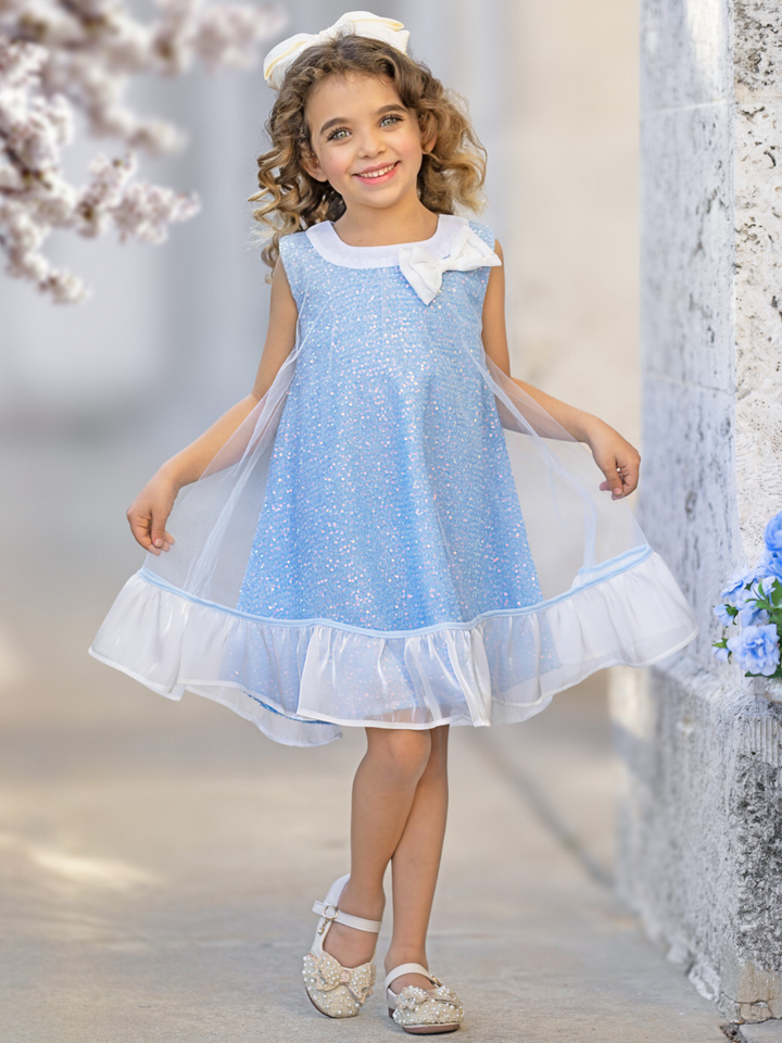 Sparkly Blue Bow Sequin Ruffle Dress