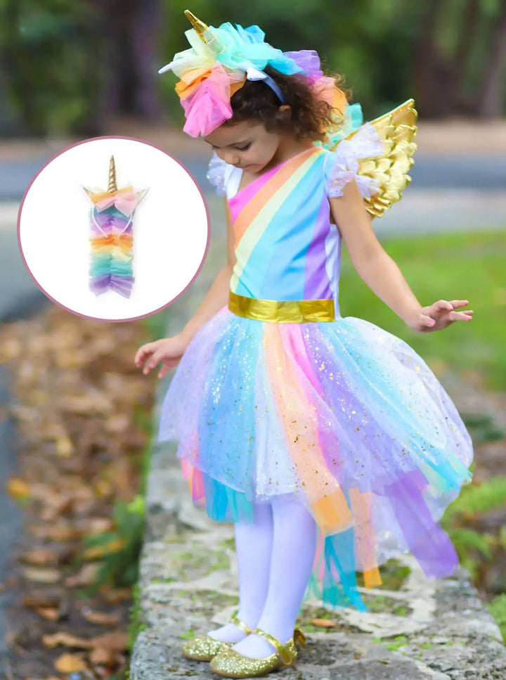 Girls Magical Golden Rainbow Unicorn Costume Dress with Headband