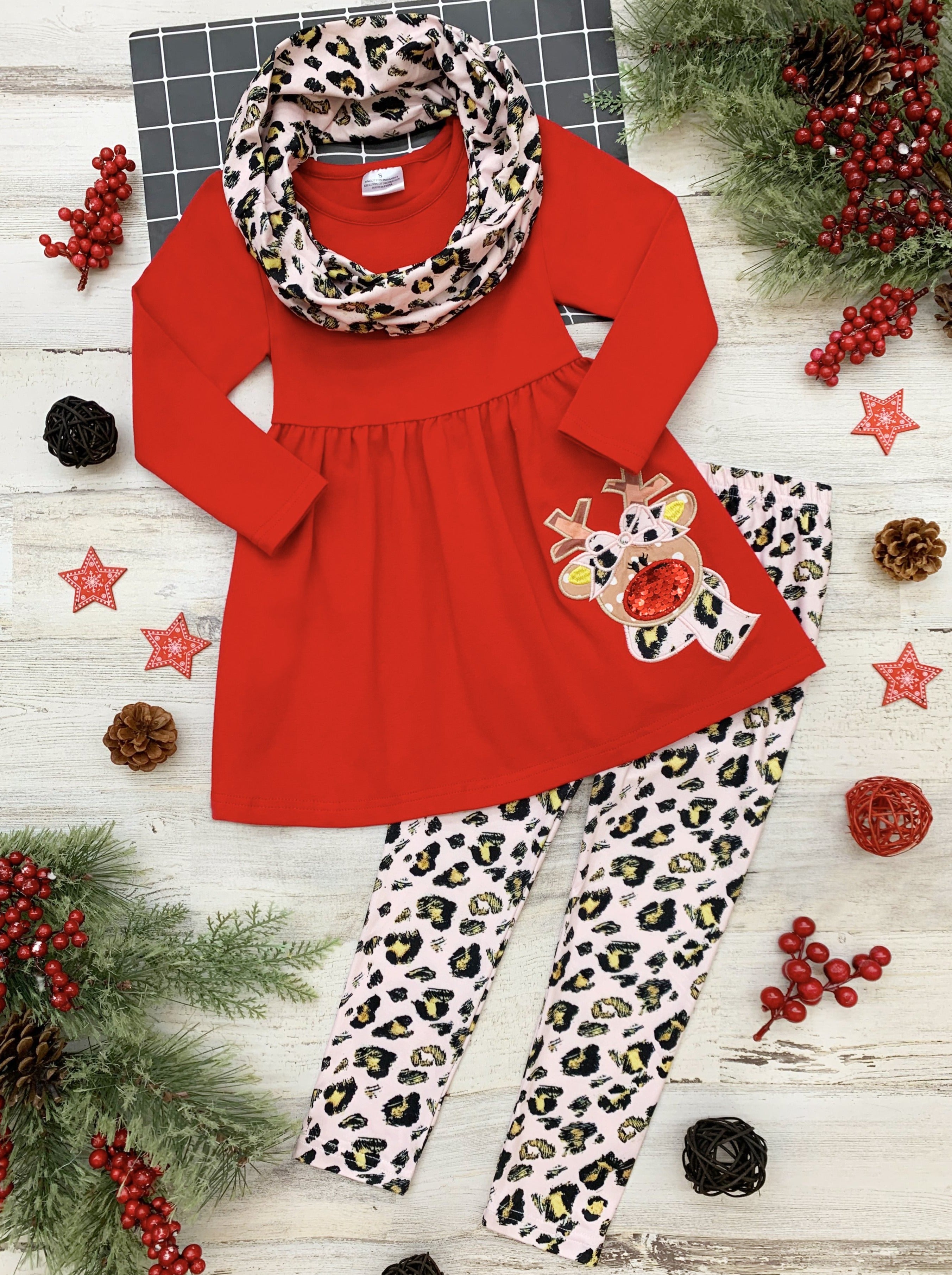 Girls Winter Casual Set | Reindeer Tunic, Leopard Scarf & Legging Set ...