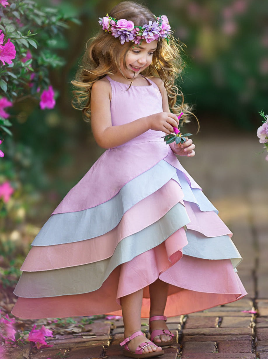 Toddler Spring Dresses | Girls Pastel Rainbow Tiered Hi-Lo Dress Mia Belle Girls Toddler Spring Dresses | Girls Pastel Rainbow Tiered Hi-Lo Dress Mia Belle Girls