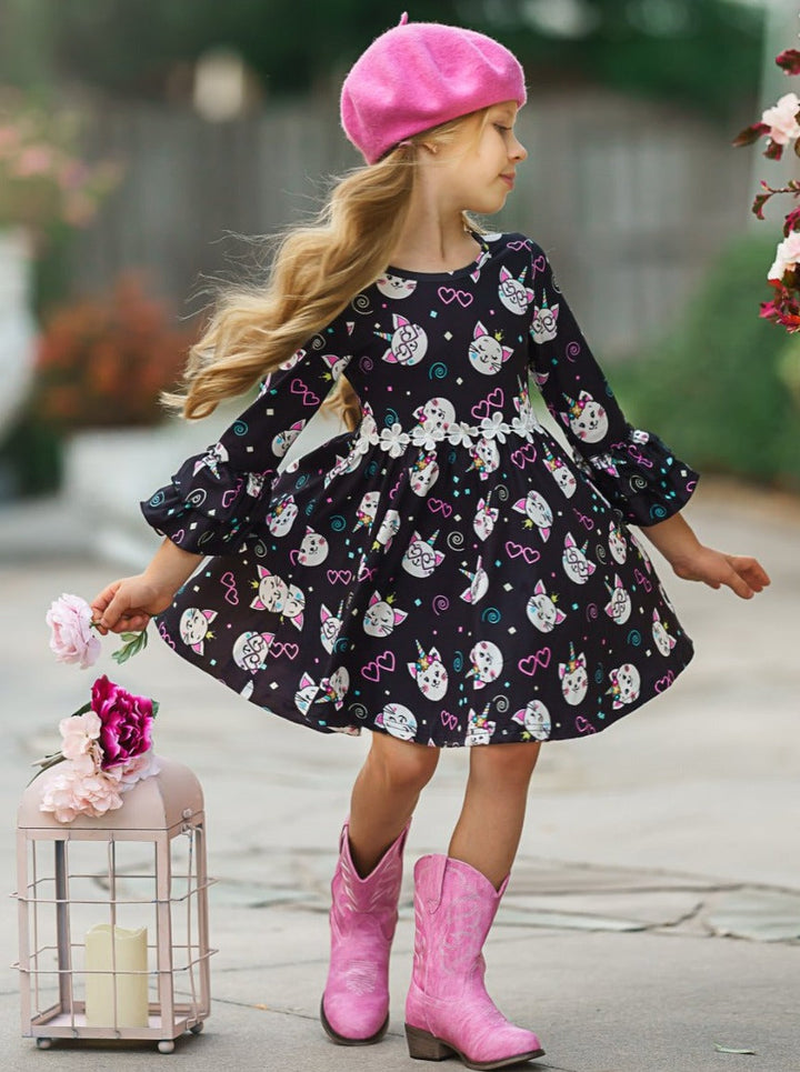 Girls Hi-Lo Double Ruffle Sleeve Kitten Print Dress