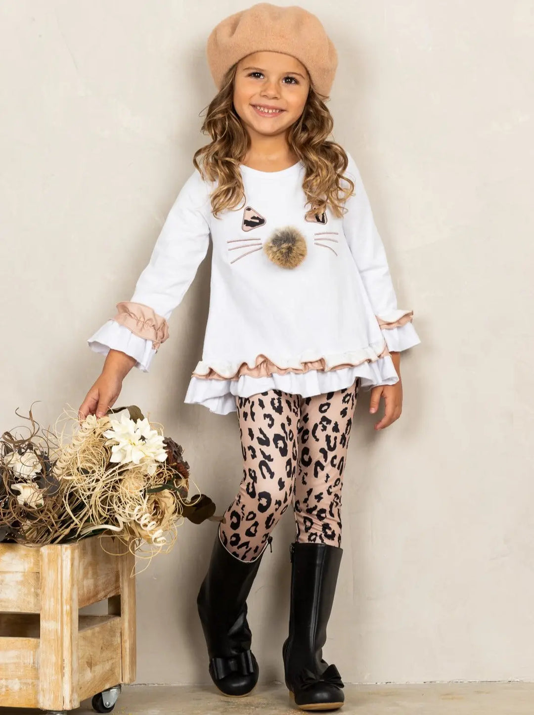 Girls Kitty Face Ruffled Tunic and Leopard Leggings Set