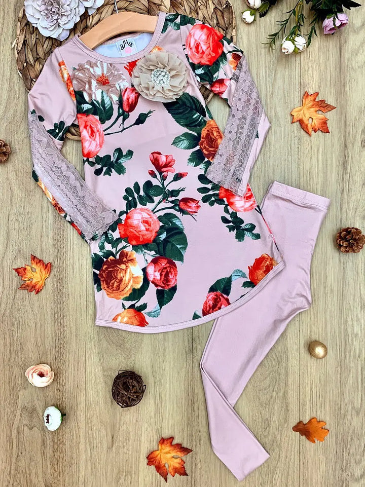Girls Taupe Lace Sleeve Floral Tunic & Leggings Set - Mia Belle Girls
