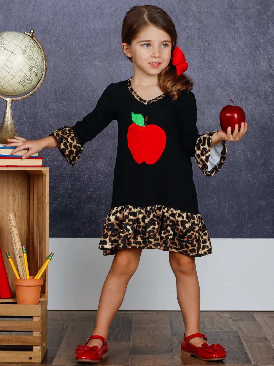 Girls Apple Print Cross Front Dress with Animal Print Ruffles Mia Belle Girls