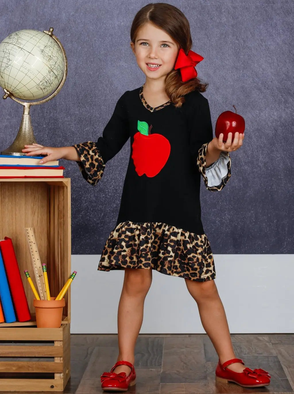 Girls Apple Print Cross Front Dress with Animal Print Ruffles Mia Belle Girls