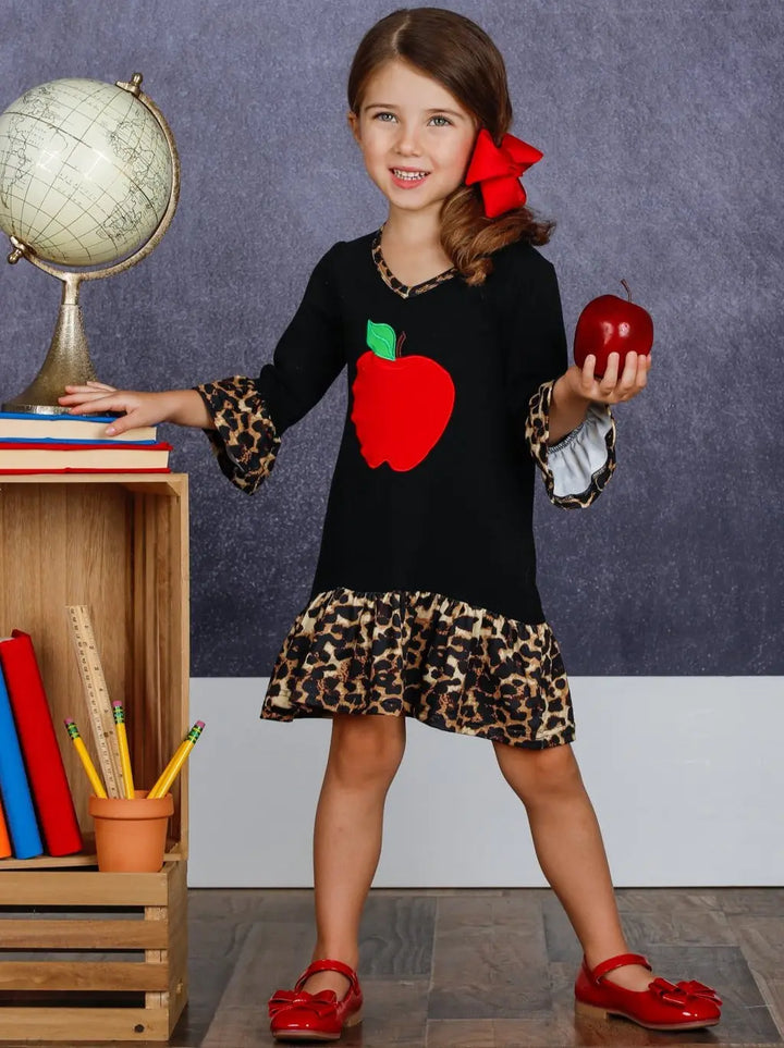 Girls Apple Print Cross Front Dress with Animal Print Ruffles Mia Belle Girls