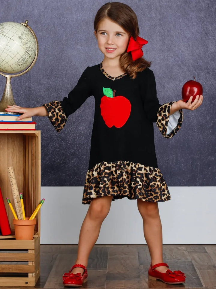 Girls Apple Print Cross Front Dress with Animal Print Ruffles Mia Belle Girls