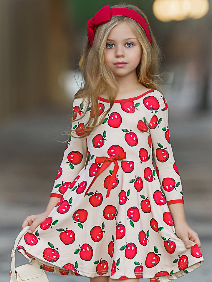 Girls Trimmed Scoop Back Twirl Apple Printed Dress Mia Belle Girls
