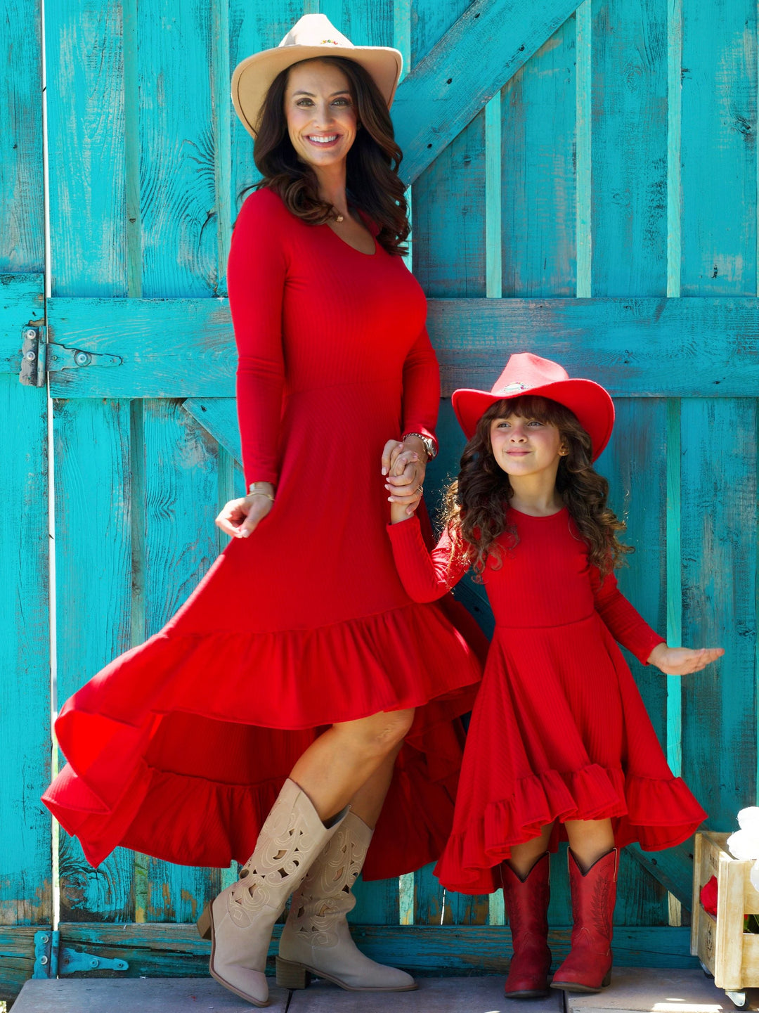 Mommy and Me Red Ruffled Rib Hi-Lo Twirl Dress Mia Belle Girls