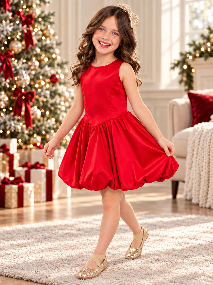 Red Sateen Drop Waist Holiday Dress