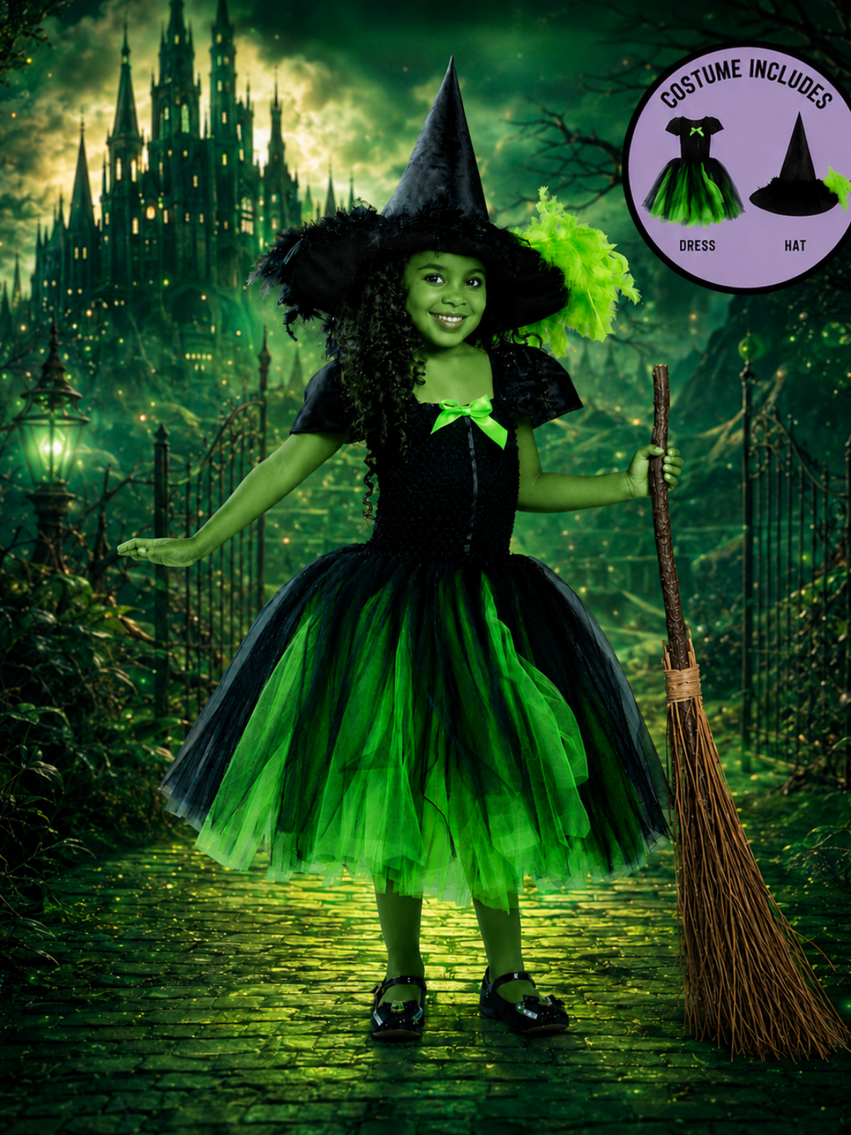 Emerald Green Witch Costume Dress with Hat Black / 3T