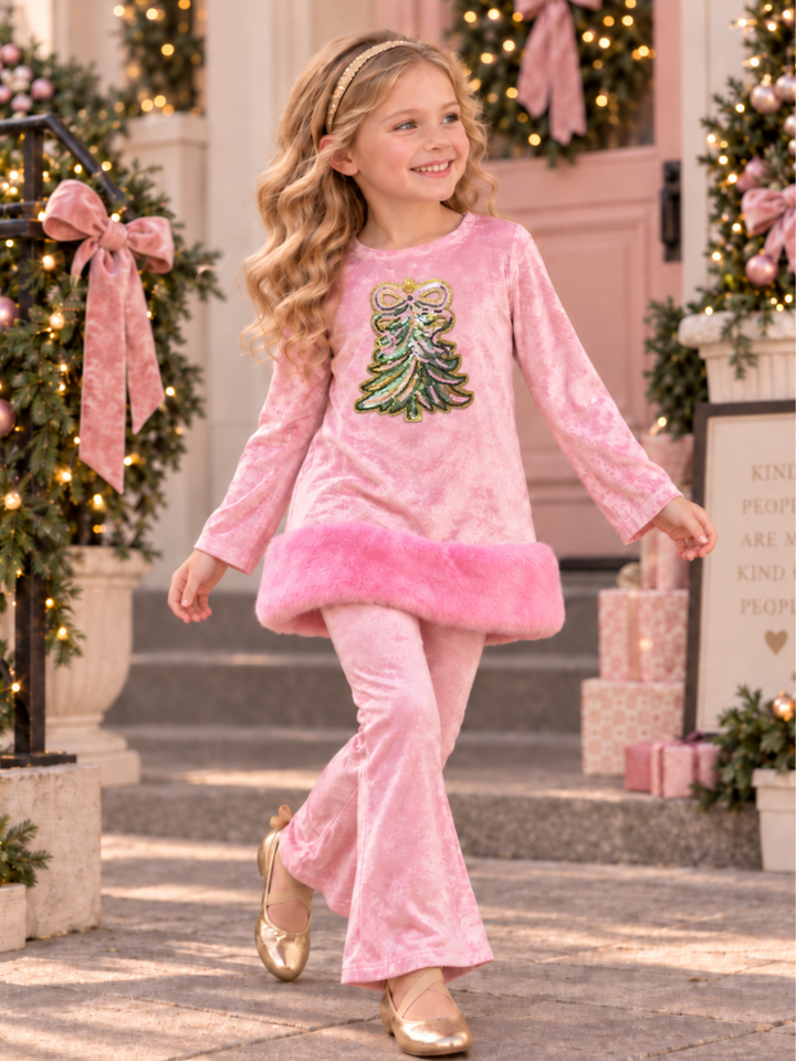 Sugarplum Sparkle Christmas Tree Velvet Top and Flare Pant Set