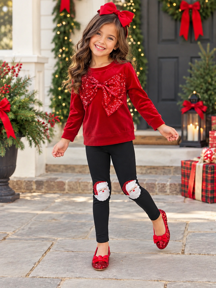 Velvet Sparkle Bow Sweater and Santa Legging Set