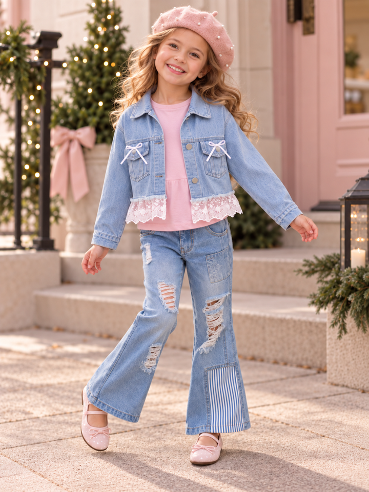 Bow & Bloom Blue Lace Trim Denim Jacket
